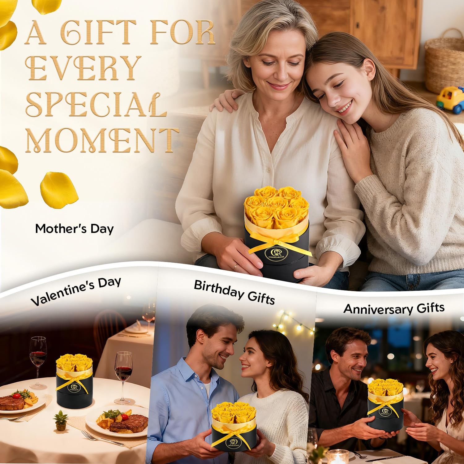 7 PCS Preserved Yellow Roses Box Forever Flowers Gift Women Mom Grandma Wife