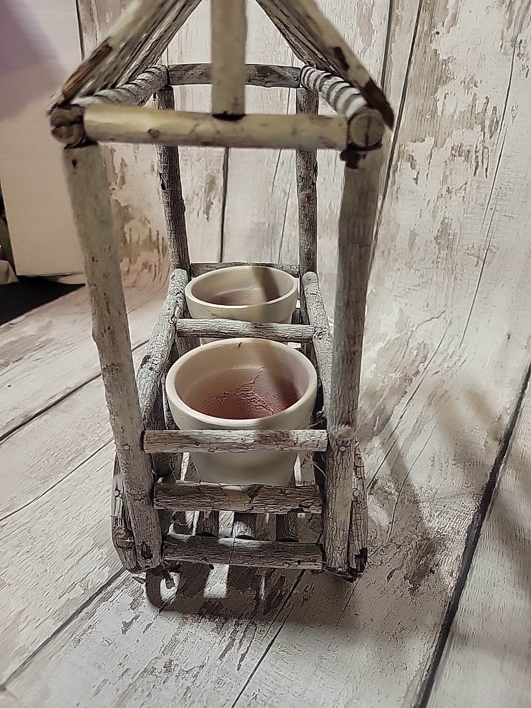 12″ Wood Twig Built Wheel Barrel Planter Flower Pot Decor Farmhouse Rustic
