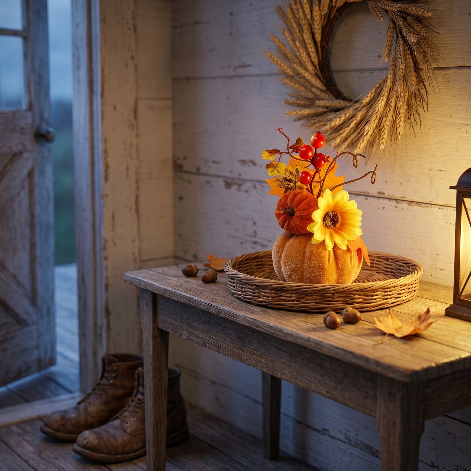 Artificial Pumpkin Decor with Sunflowers Berries for Tiered Tray Setup