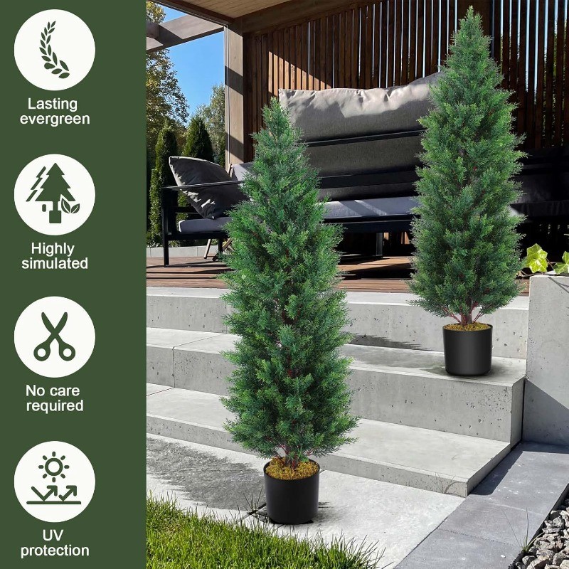 2 Pcs 4 Ft Artificial Topiary Cedar Trees, Outdoor Faux Pine Shrubs
