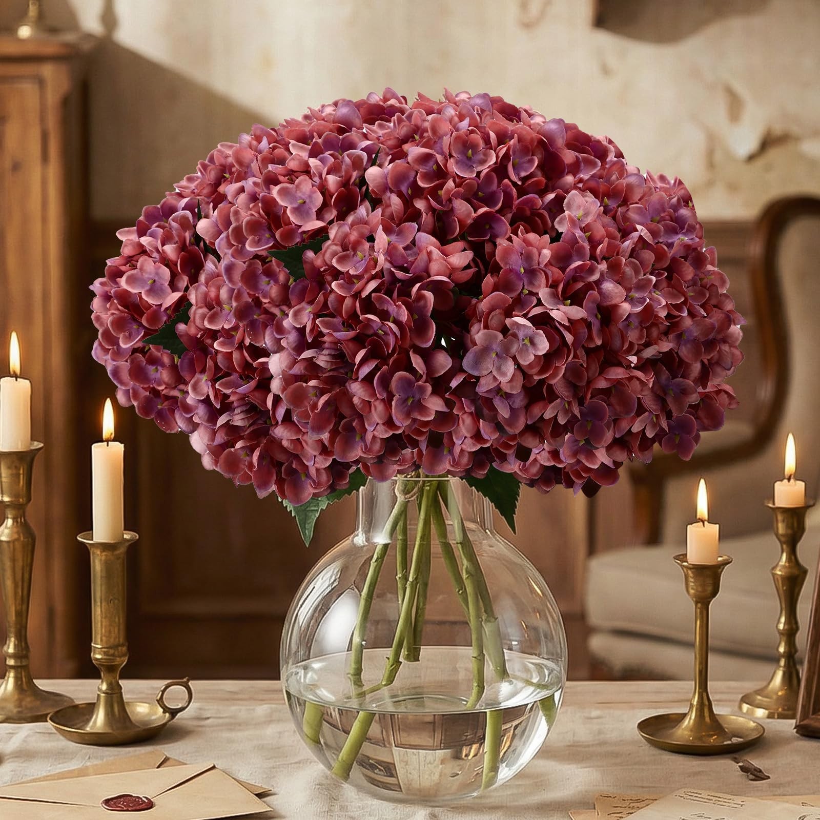 8 Pcs Rose Red Hydrangea Artificial Flowers 18 Inch Spring Faux Hydrangea Flo…