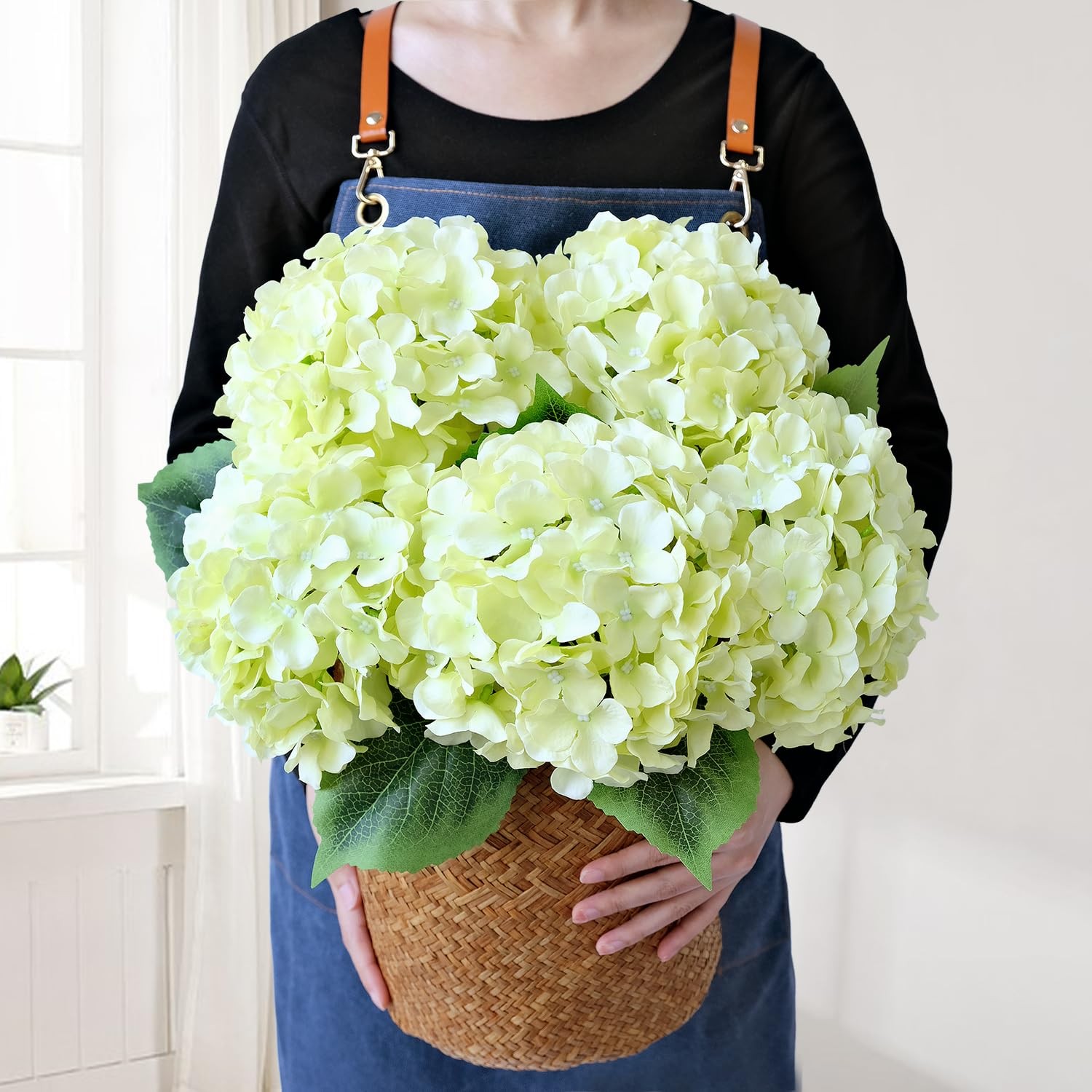 Green Hydrangea Artificial Flowers, 5Pcs 20Inch Large Lifelike Faux Silk Flow…