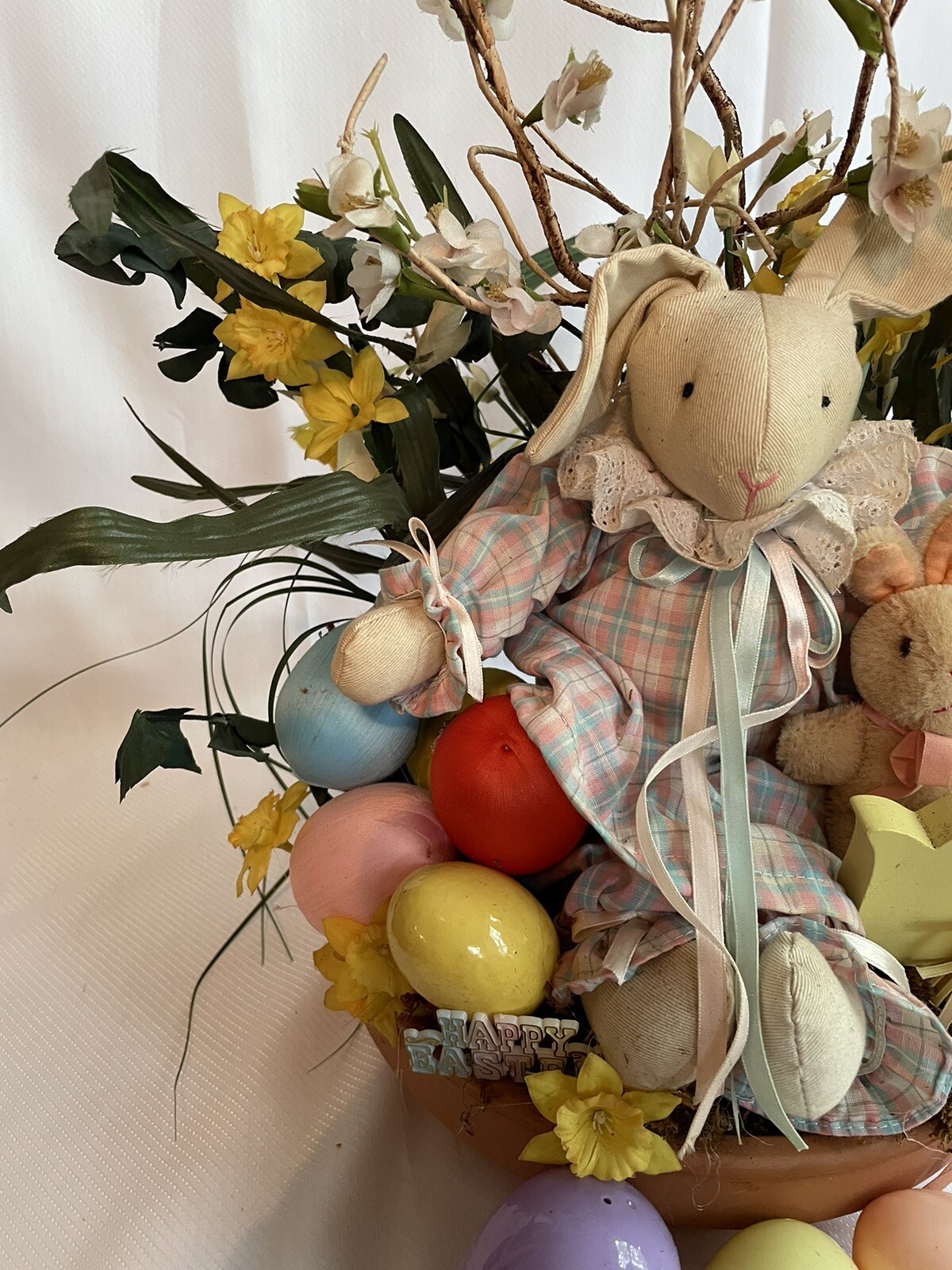 Mama Baby Bunny Easter Egg Floral Arrangement Centerpiece Decor Clay Vintage