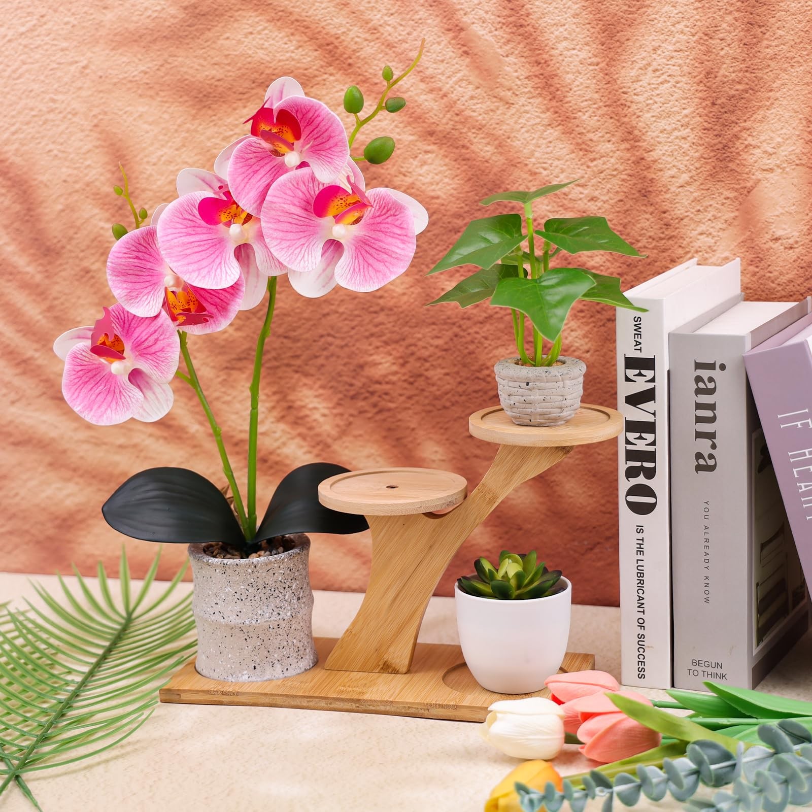 16.5 Inch Pink Artificial Orchid Flowers Pot Fake Phalaenopsis Bonsai Decor