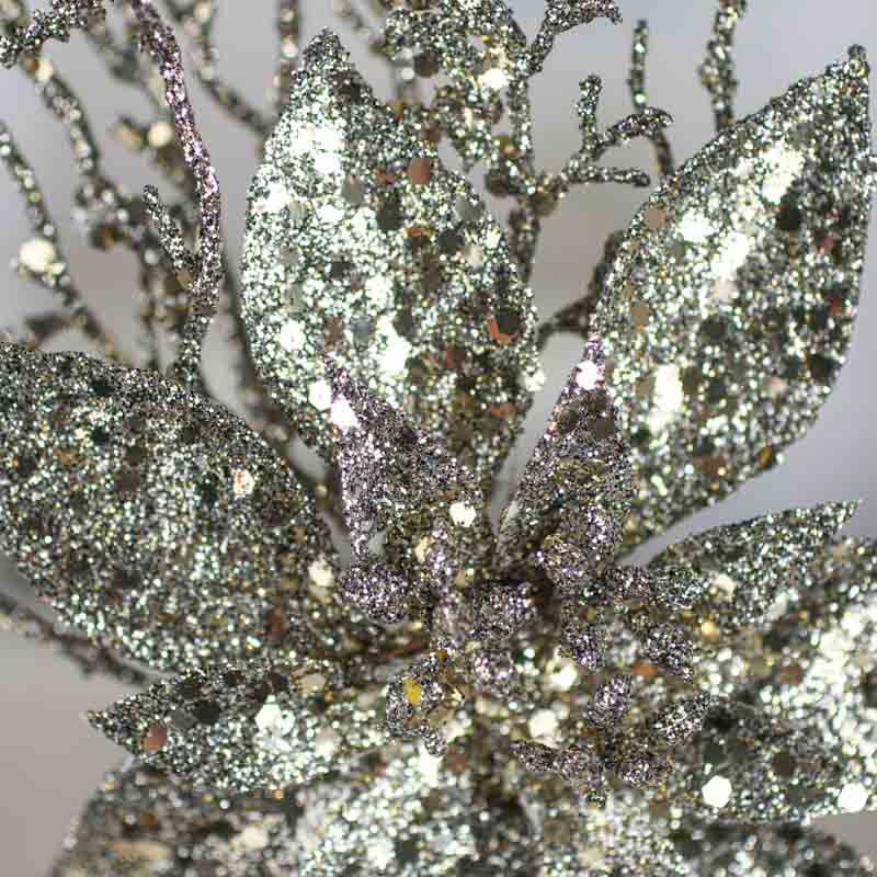 Set of 4 Silver Sparkling Poinsettia and Twig 17″ Floral Picks