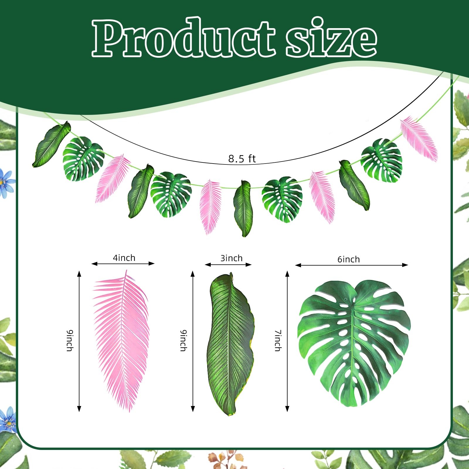 24 Pcs 8.5 ft Artificial Tropical Palm Leaves Garland – Pink Green Monstera L…