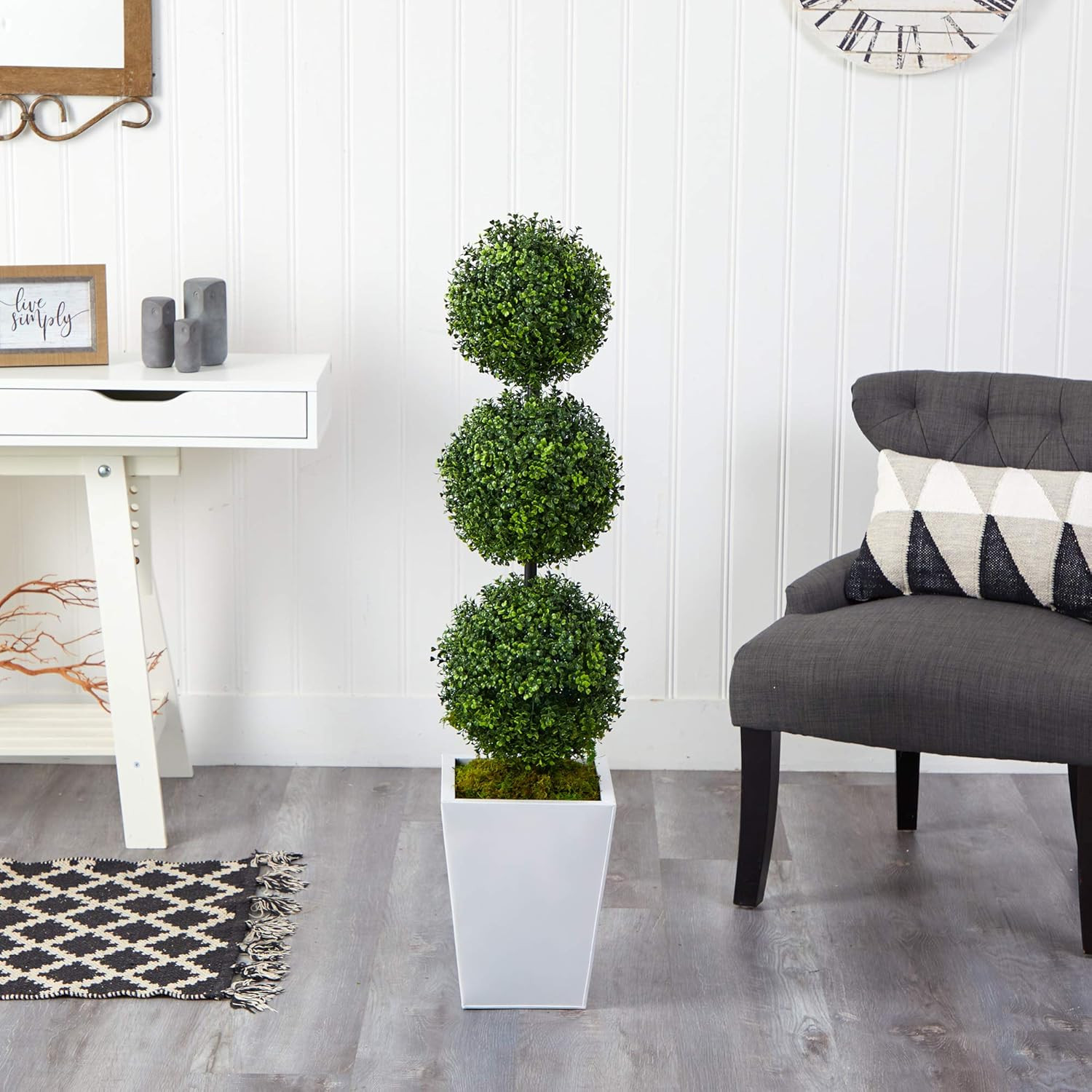46″ Boxwood Triple Ball Topiary Tree in White Metal Planter for Indoor/Outdoor U