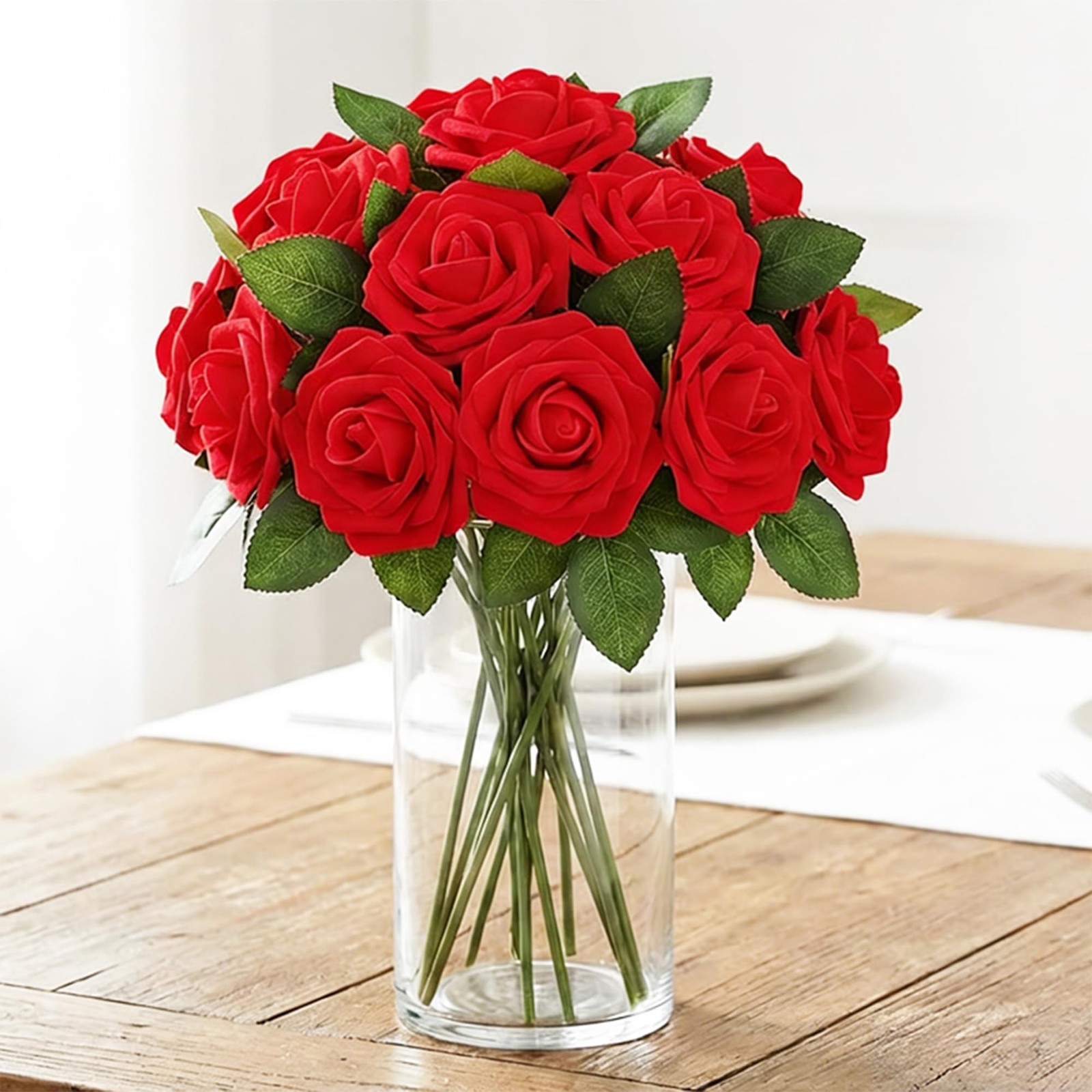 50Pcs Real Looking Bright Red Artificial Rose Flower Heads, Foam Fake Roses f…