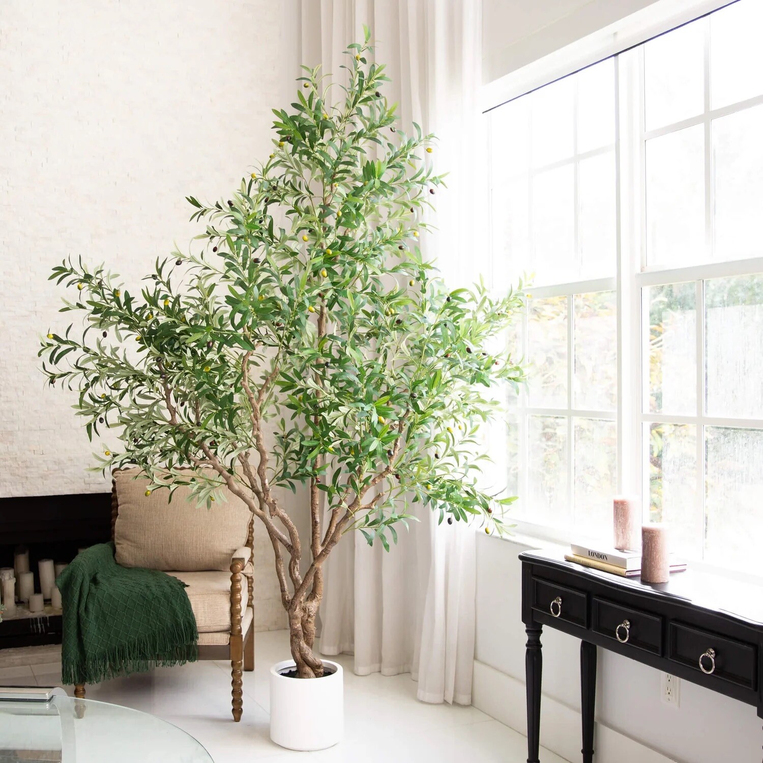 8’ Artificial Grand Olive Tree in White Decorative Planter. Retail $524
