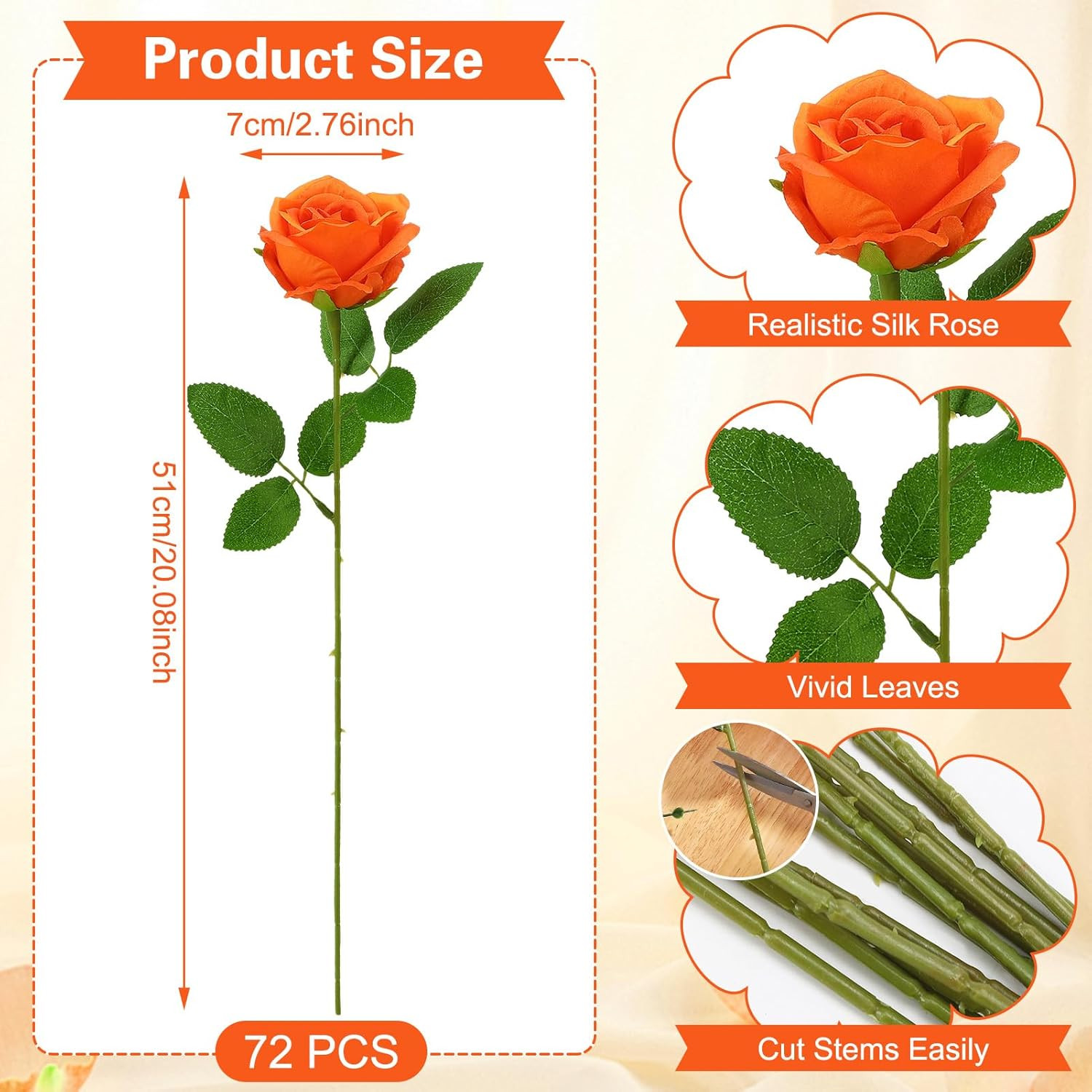72 Pcs Burnt Orange Silk Roses – Realistic Faux Flowers for Home & Weddings