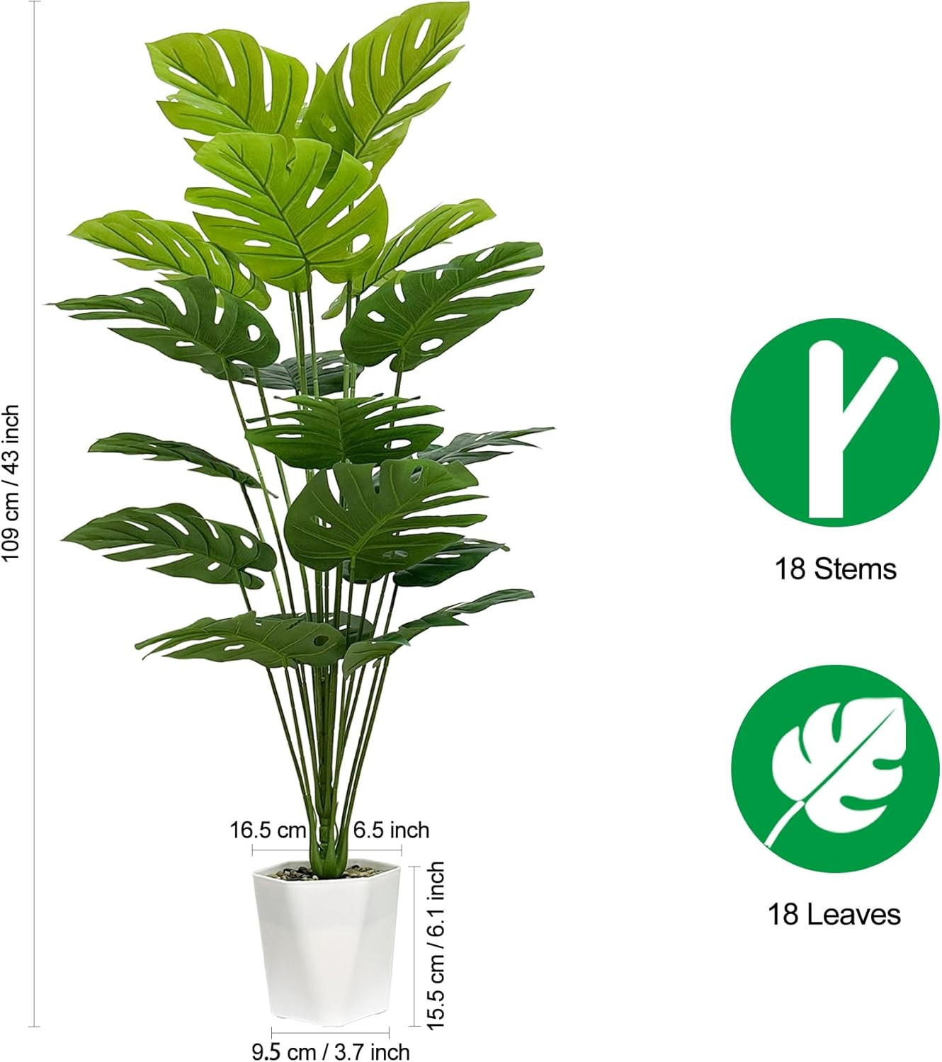 Set of 2 Artificial Monstera Deliciosa Plants in Pots, Fake Tropical Palm Tree w