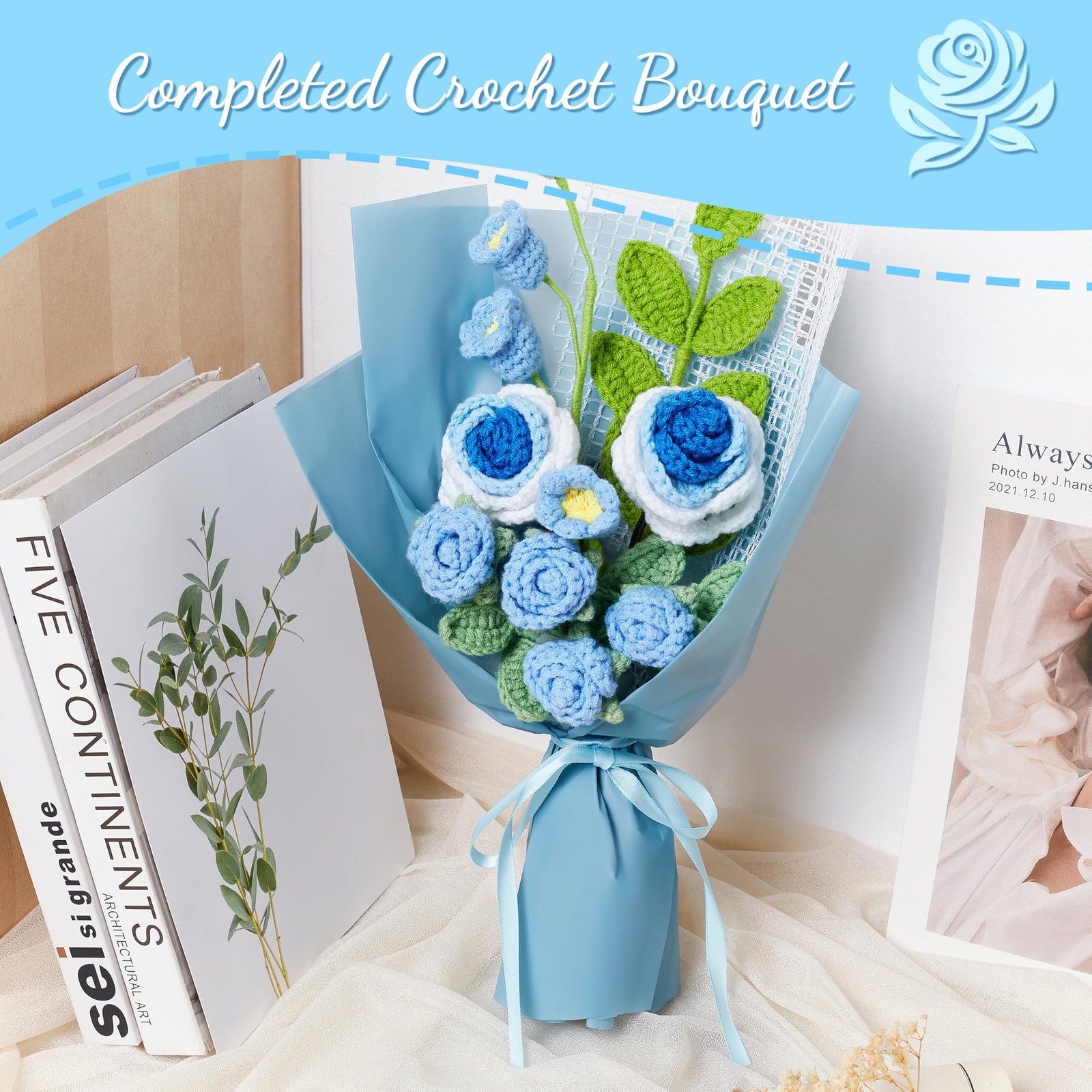 Crochet Flower Bouquet Blue Roses and Lily of the Valley Bouquet for Her, Han…