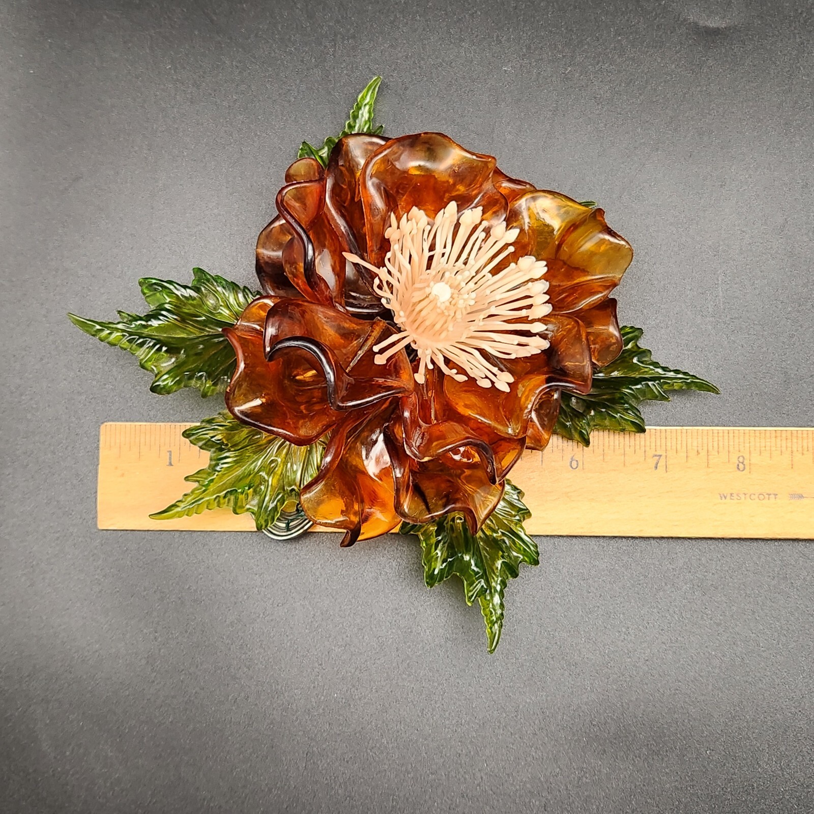 Vtg MCM Lucite Magnolia Flower & Leaves Wired Floral Arrangement Acrylic 7.5 x 7