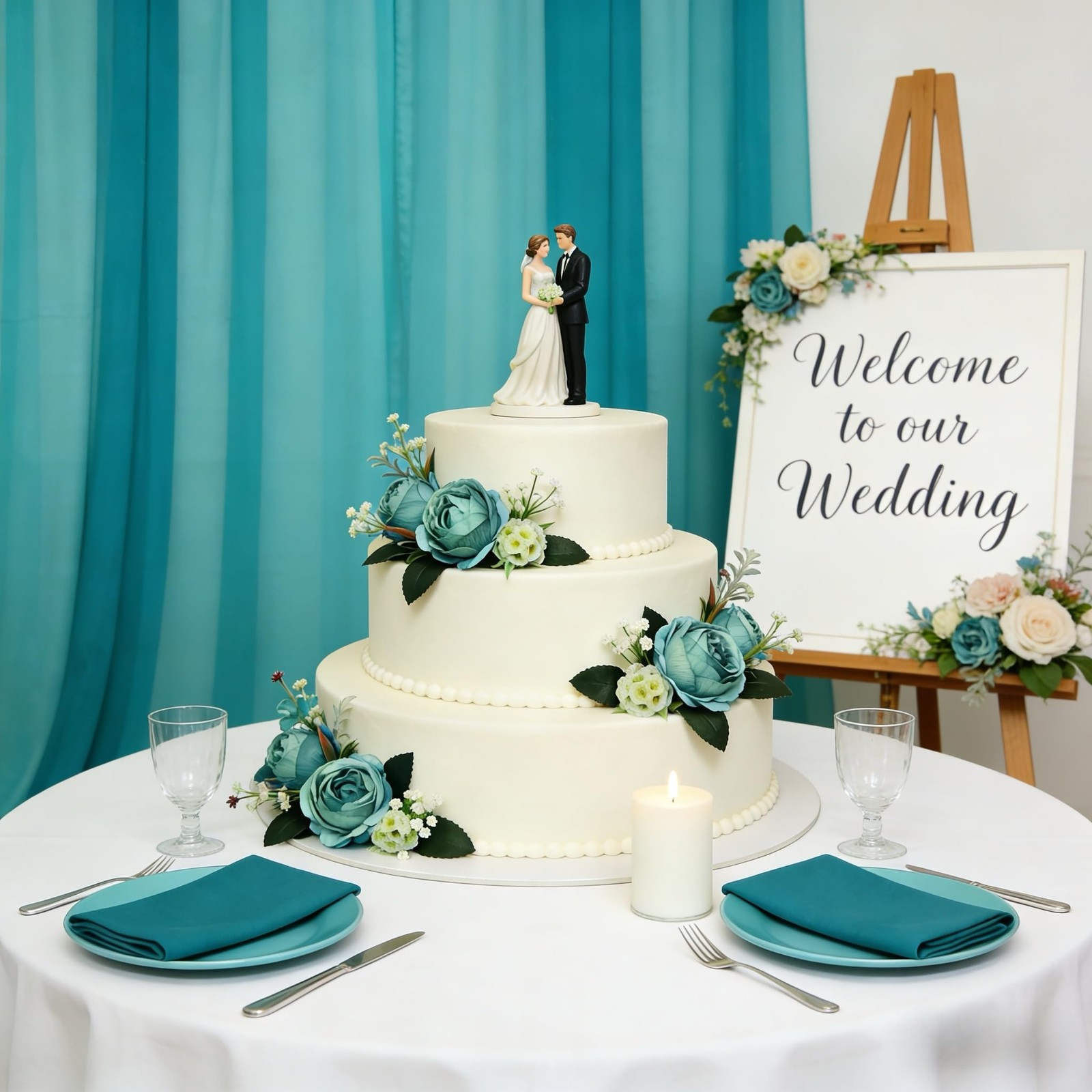 Turquoise Teal Blue Artificial Silk Rose Bouquet White Baby Breath Mixed