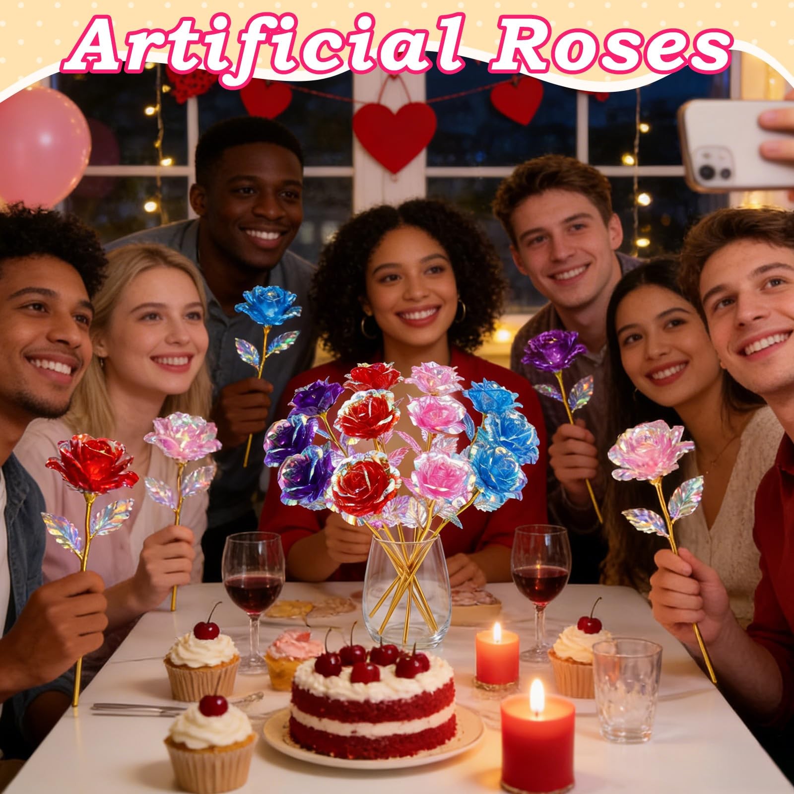 Wowagoga 12 Pcs 24K Galaxy Rose Artificial Flowers, 4 Colors 9 x 3 inches, 1