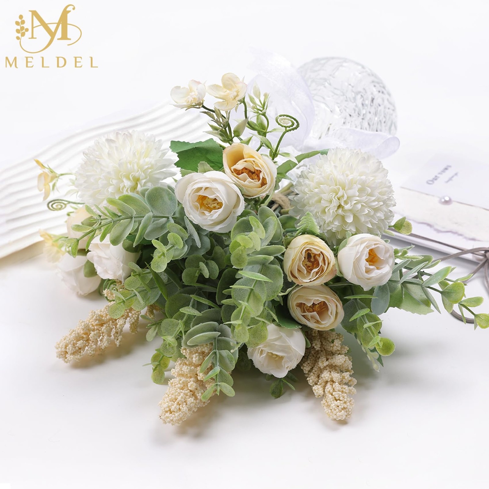 3Pcs Rose Bouquet White&Champagne Artificial Flowers Eucalyptus Plants Silk F…