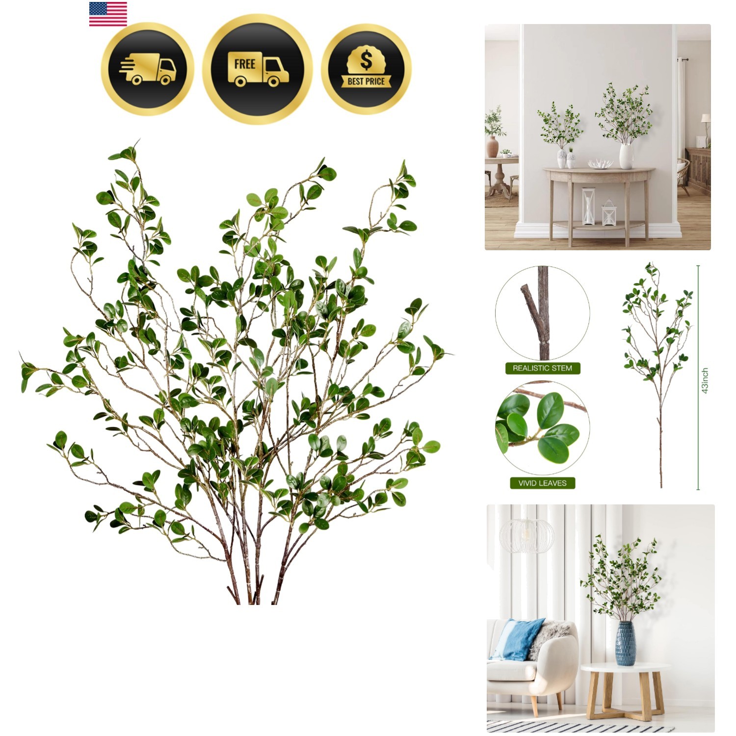 43’’ 4Pcs Artificial Ficus Branches Faux Leaf Spray Green Eucalyptus Branches…