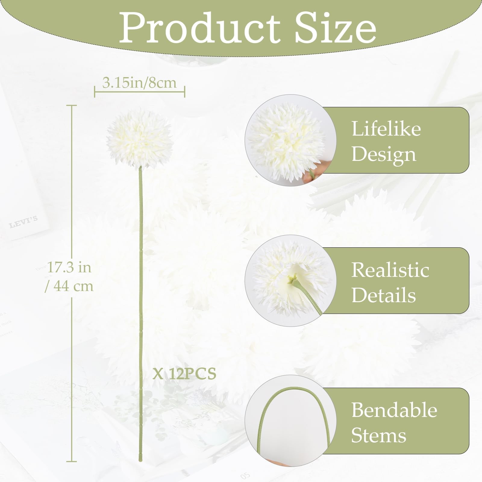12PCS White Chrysanthemums Artificial Flowers 17.3’’Long Stem Fake Mums Faux …