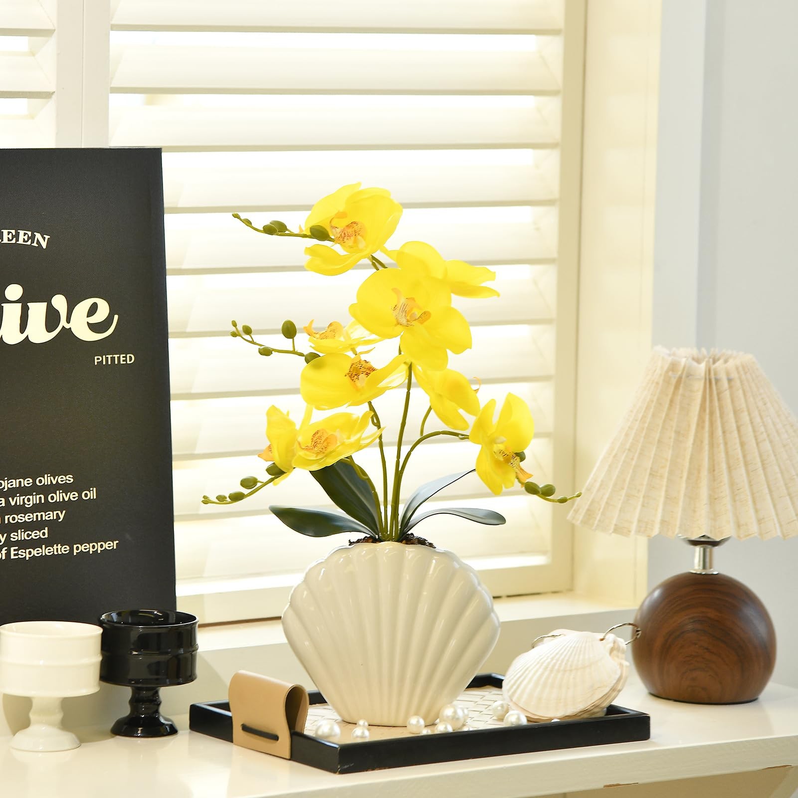Artificial Yellow Phalaenopsis Orchid Plant Seashell Pot 16 Inch Fake Flower