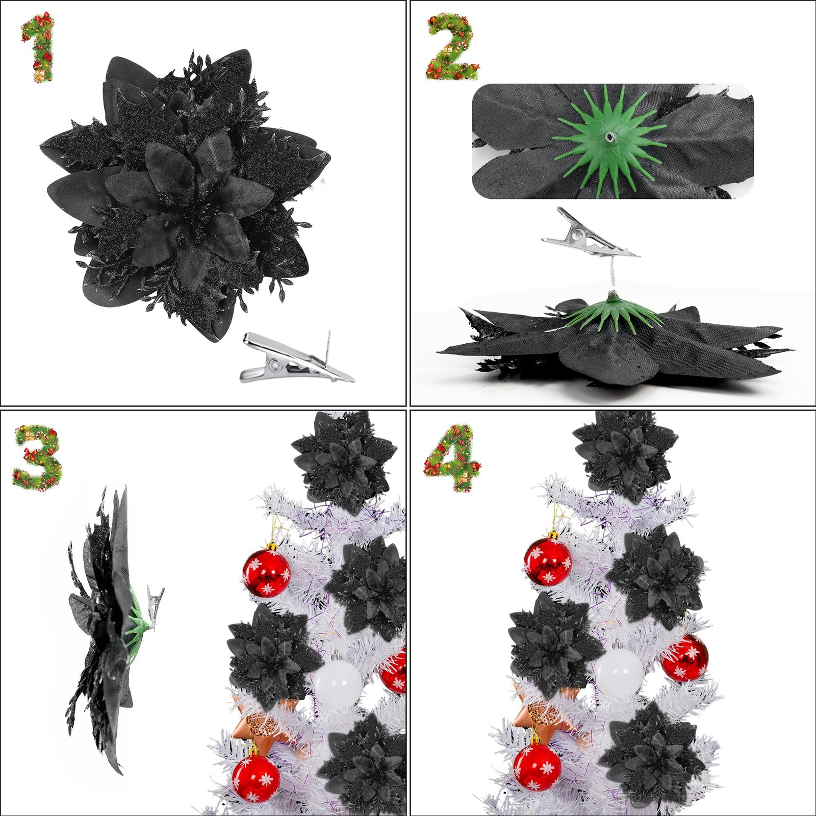 24 PCS 5.5 Inch Black Glitter Artificial Poinsettia Christmas Tree Ornaments