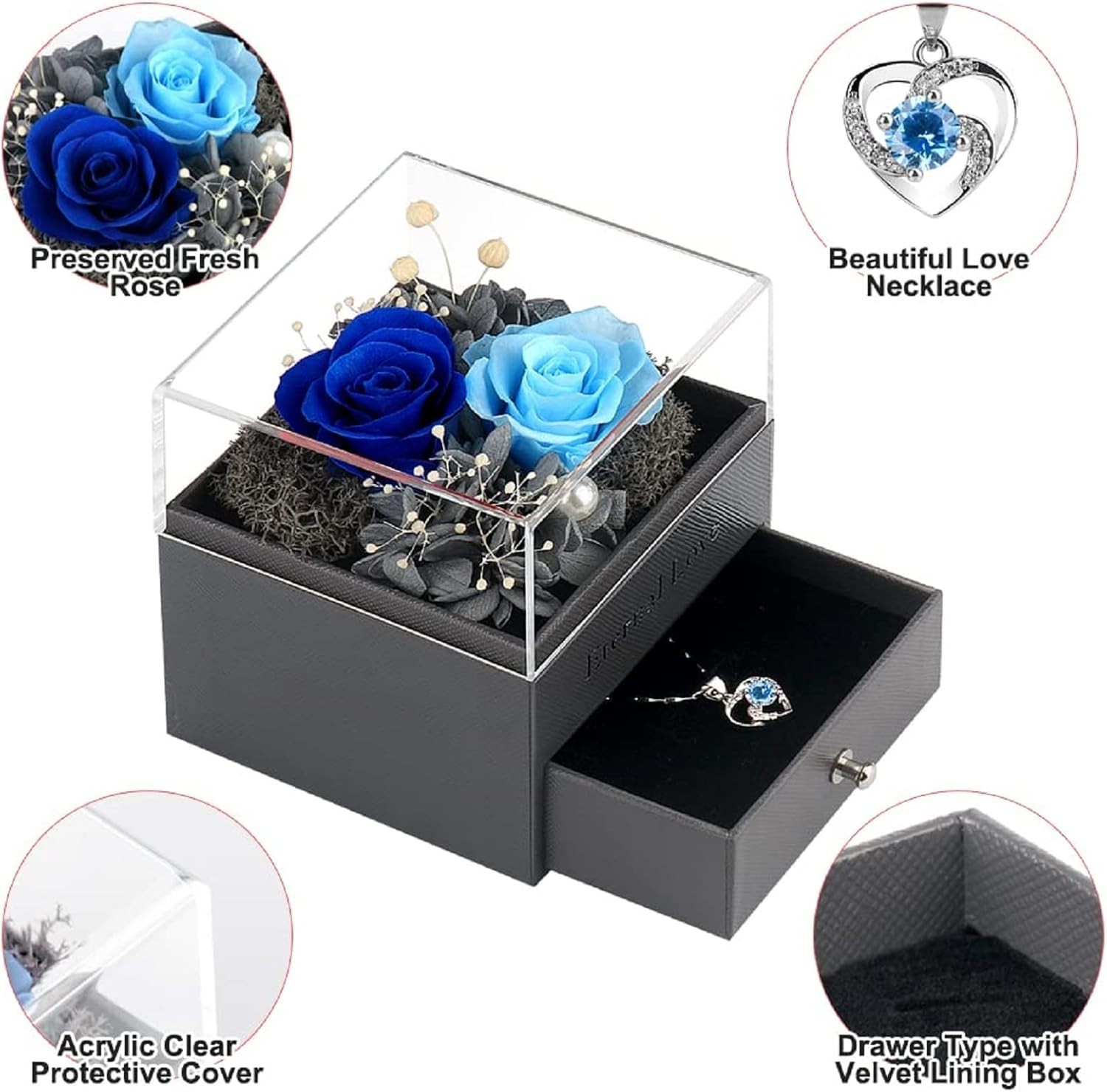 Handmade Preserved Rose Jewelry Box with Heart Necklace – Romantic Women’s Gift