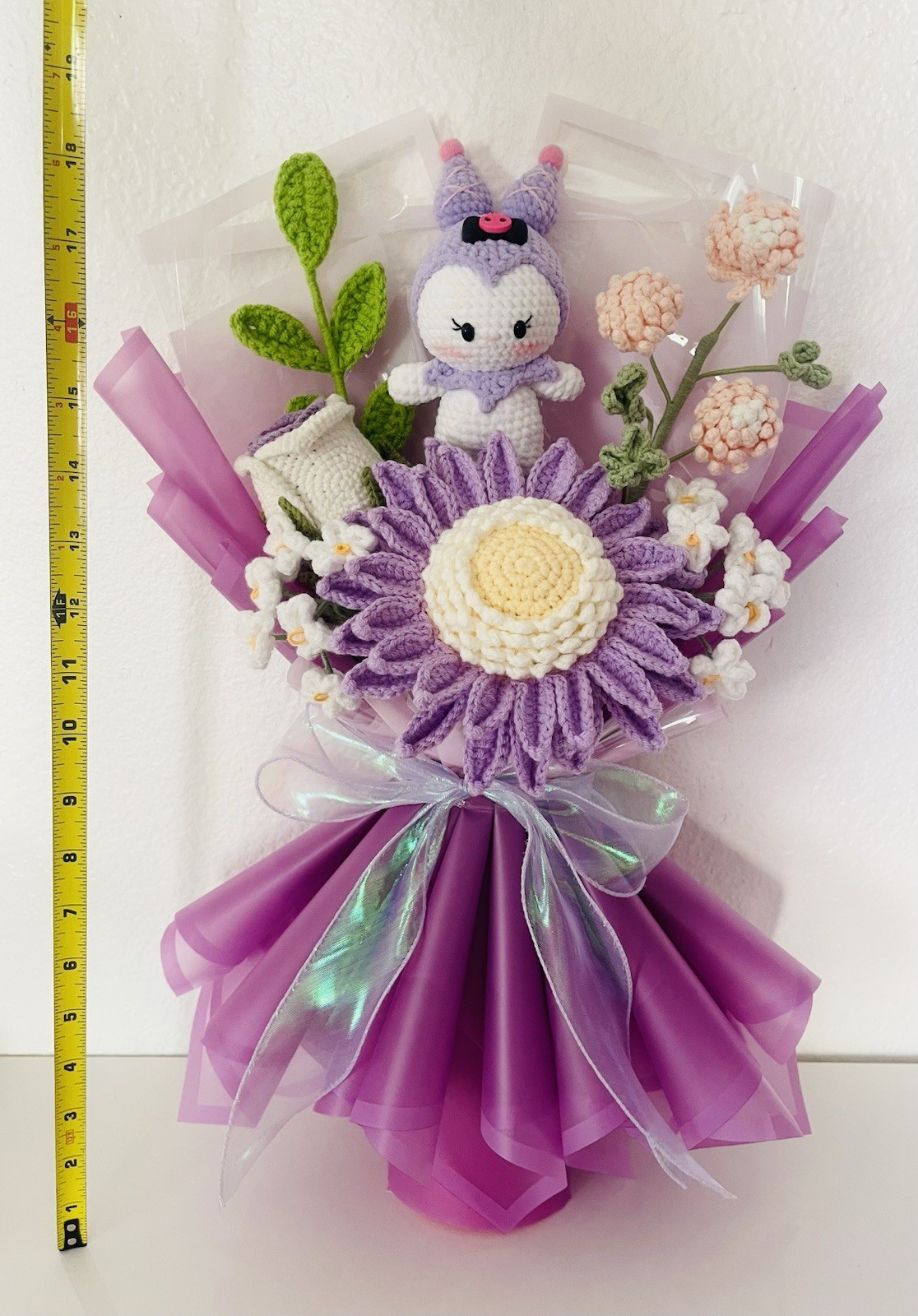 Handmade Crochet Daisy Flower Bouquet Arrangement w/ Character Doll, 18 in