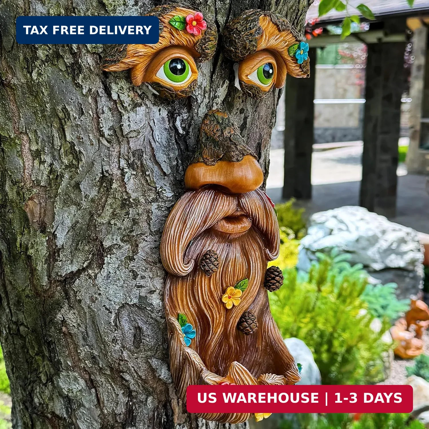 Tree Face Decor with Flowers Outdoor Old Man Face Garden Hugger Yard Statue