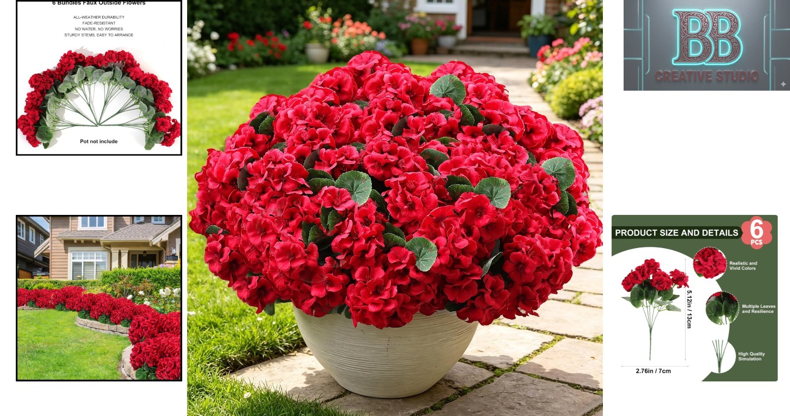 Vibrant Red Artificial Flowers – 6 Full Bunches of Lifelike Silk Geraniums