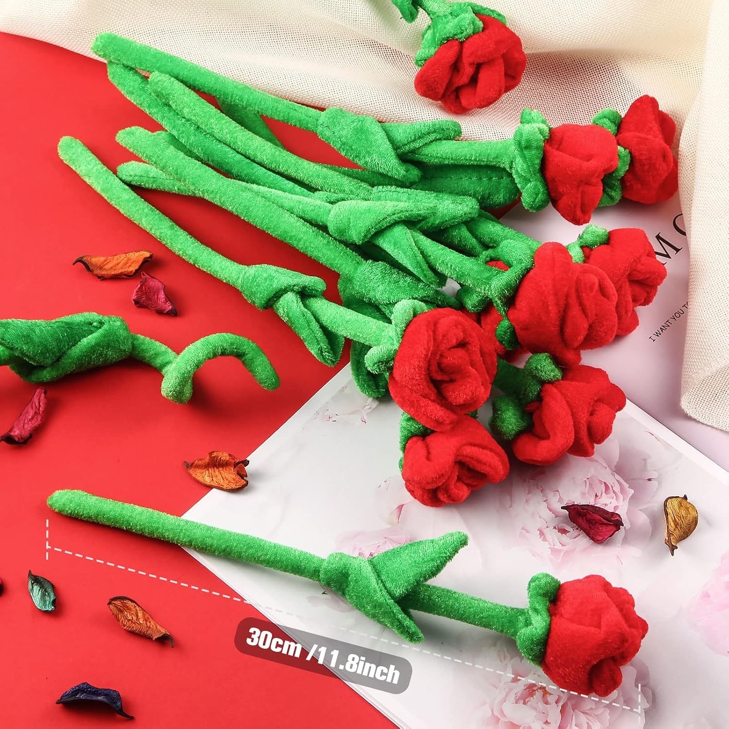 10 Pcs Plush Rose Flower Stuffed Flower Bendable Stems Plush Bouquet Toy Soft…