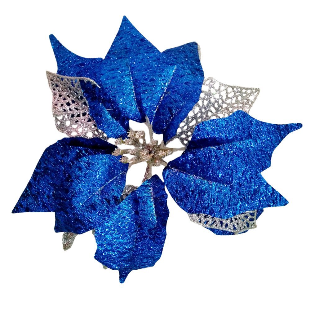12 Pack 9 Inch Blue Glitter Poinsettia Christmas Tree Ornaments Wedding Flower