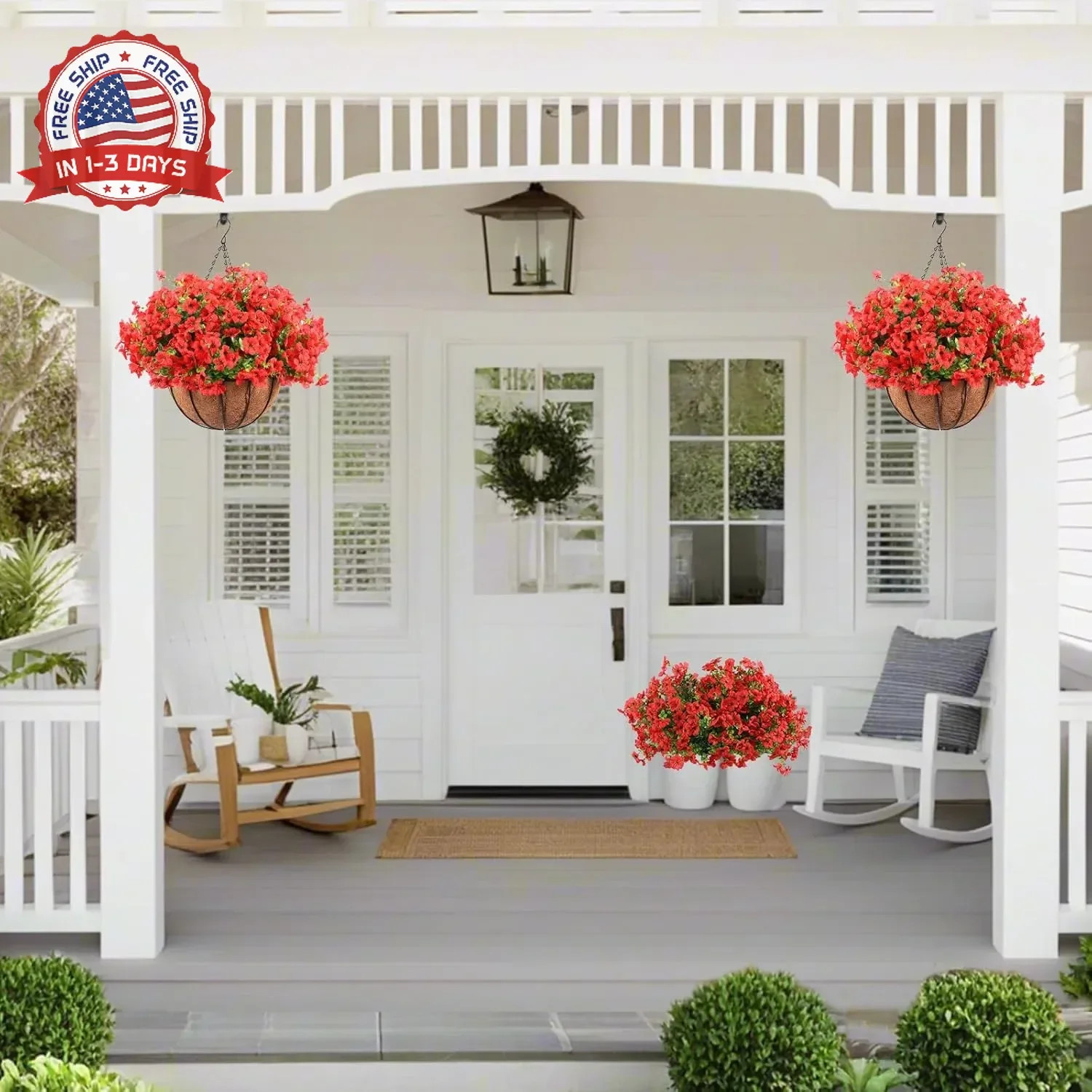 Hananona 24 Pcs Artficial Outdoor Flowers with Hanging Baskets, 2 Pack Hanging P