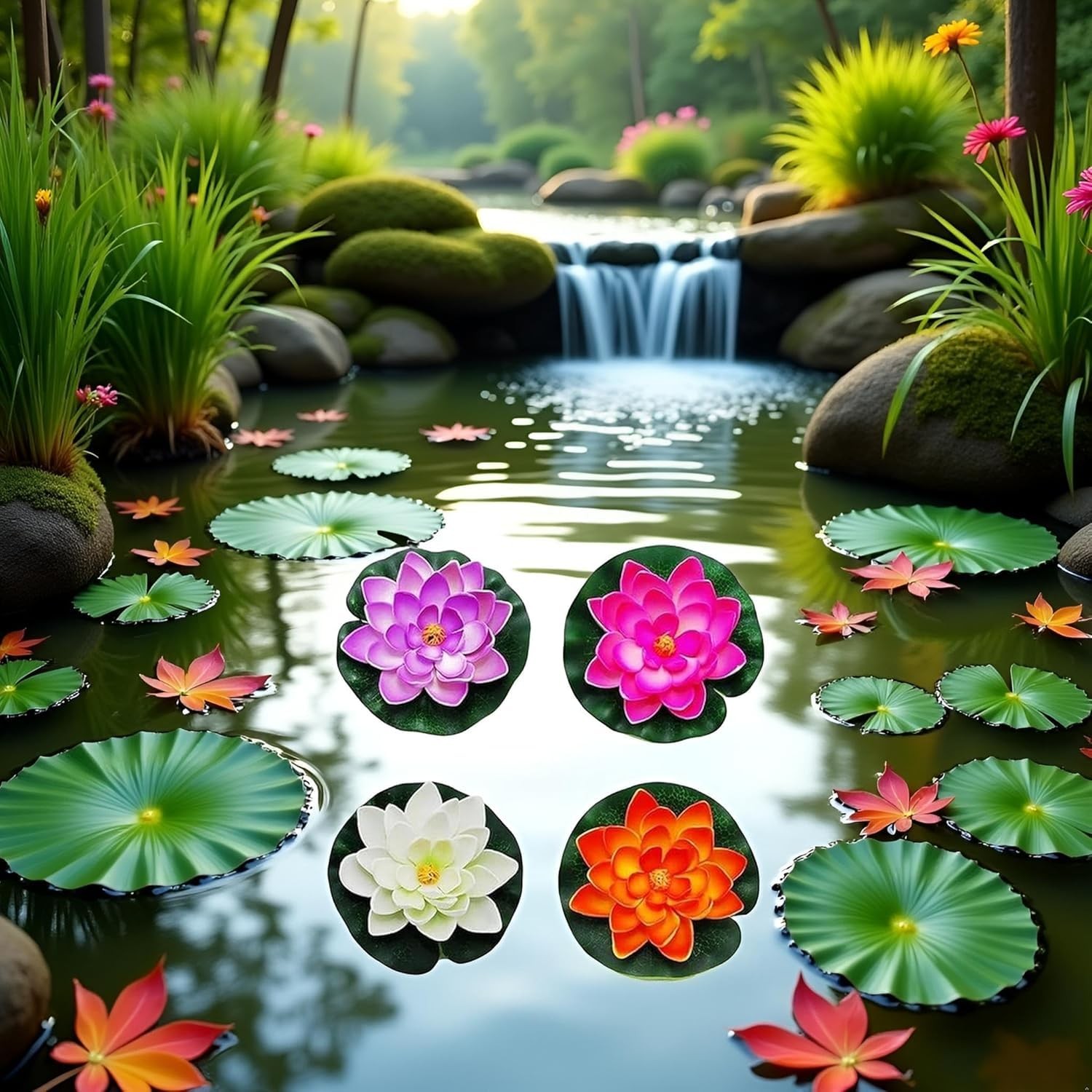 4Pcs Artificial Flowers Water Lily Foam Lotus Flower Pond Decor for Pond Pati…