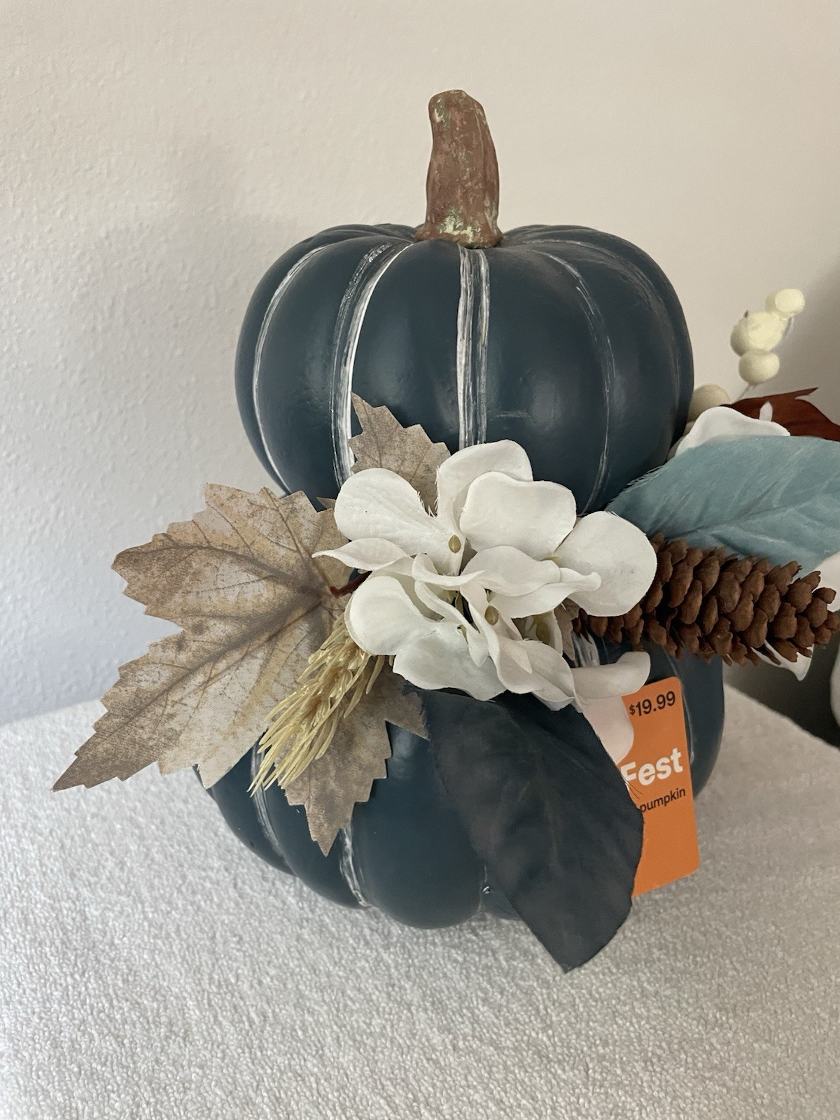 Coastal/Country Blue Stacked Pumpkin Fall Flower Arrangement With Pinecones