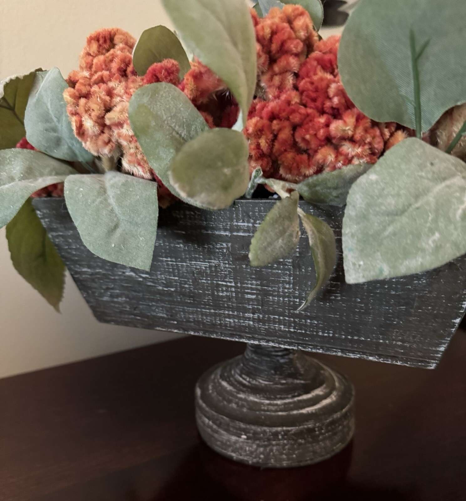Orange Dried Floral Centerpiece Decor & Faux Green Leaves Metal Base Wooden Box