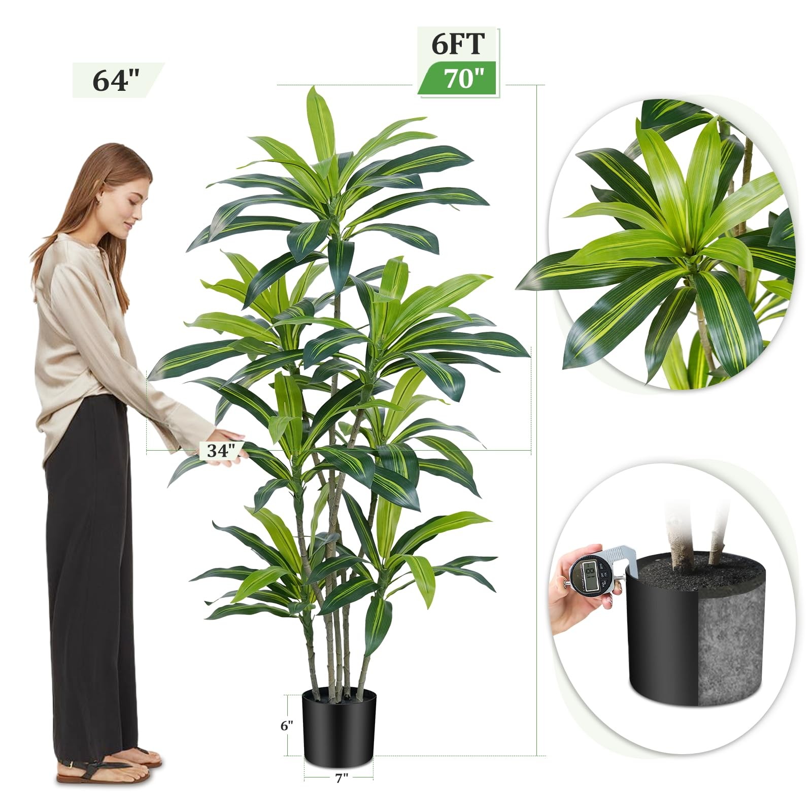 6Ft Dracaena Plant Artificial Tree Fake Tropical Floor Plants Potted (Real To…