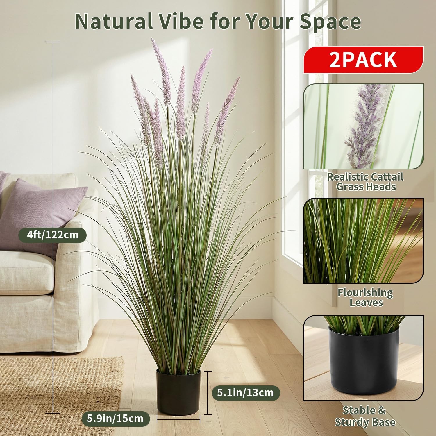 Best Artificial Cattail Grass 4FT-2 Set, 48″ Fake Outdoor Indoor Plants Lifelike