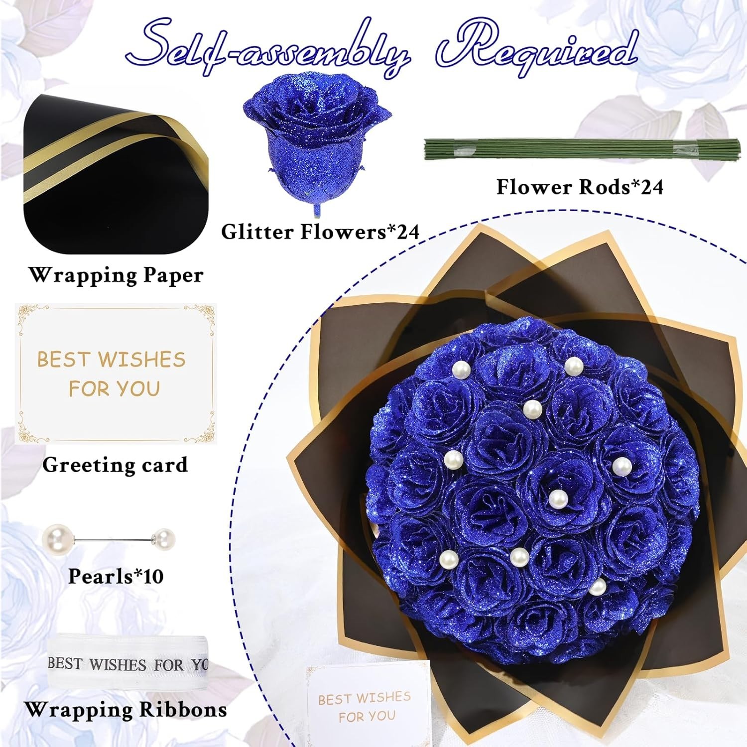 Blue Glitter Roses Bouquet, DIY Fake Flowers Bouquet, Everlasting Shiny Artifici