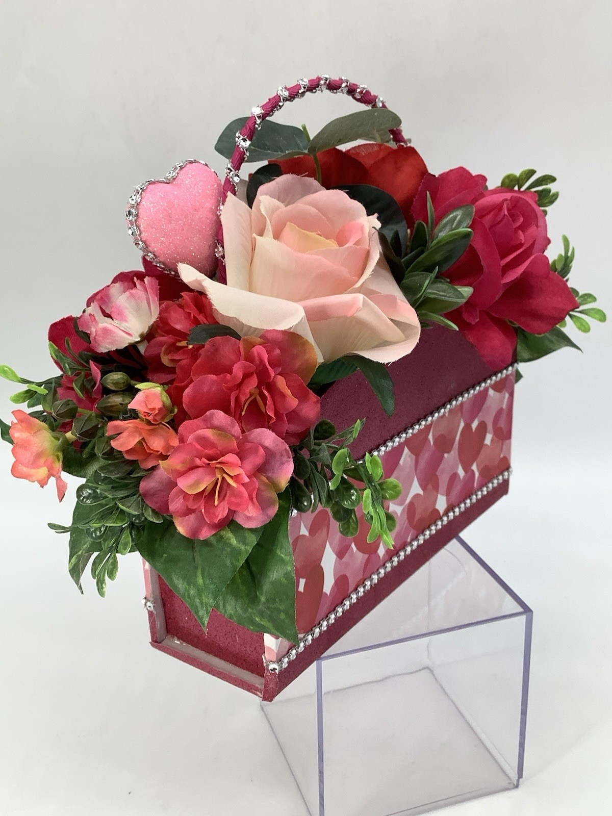 Handmade Valentines Day Pink Red Heart Purse Floral Arrangement Centerpiece