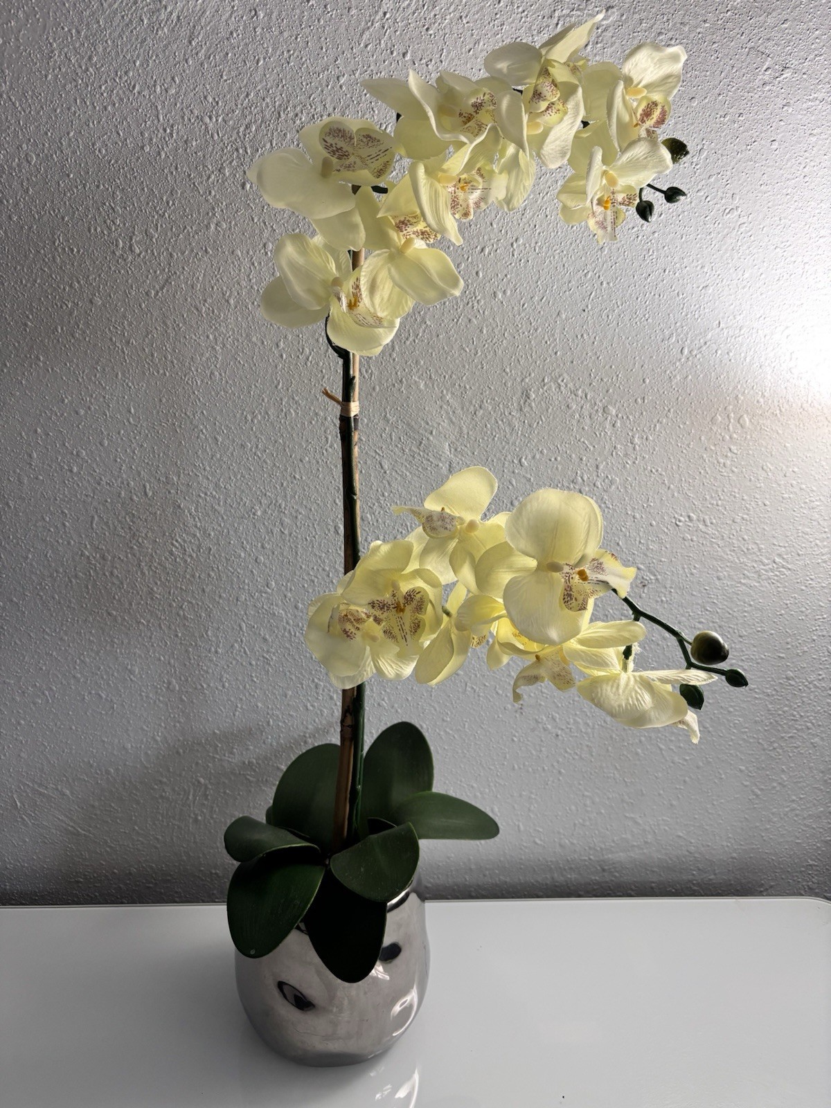 Artificial Yellow Orchid Silver Ceramic Pot Faux Phalaenopsis Floral 19”