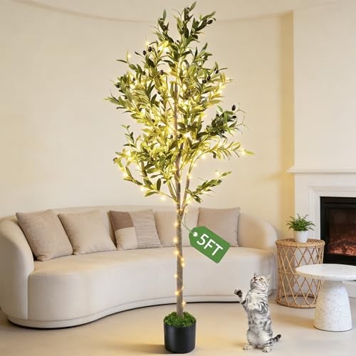 Artificial Olive Trees, 5FT Tall Faux Olive Tree with Lights Moss and Planter,