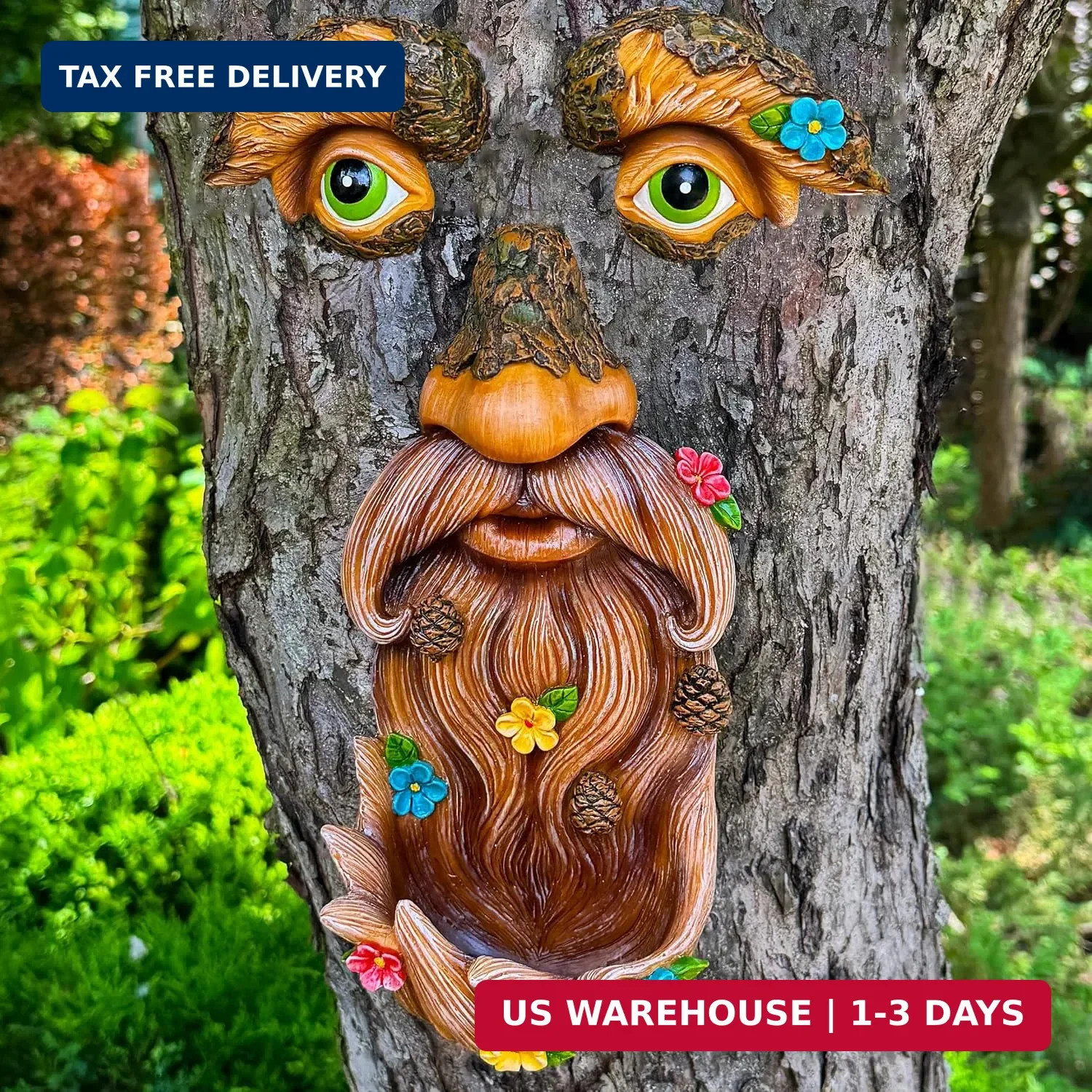 Tree Face Decor with Flowers Outdoor Old Man Face Garden Hugger Yard Statue