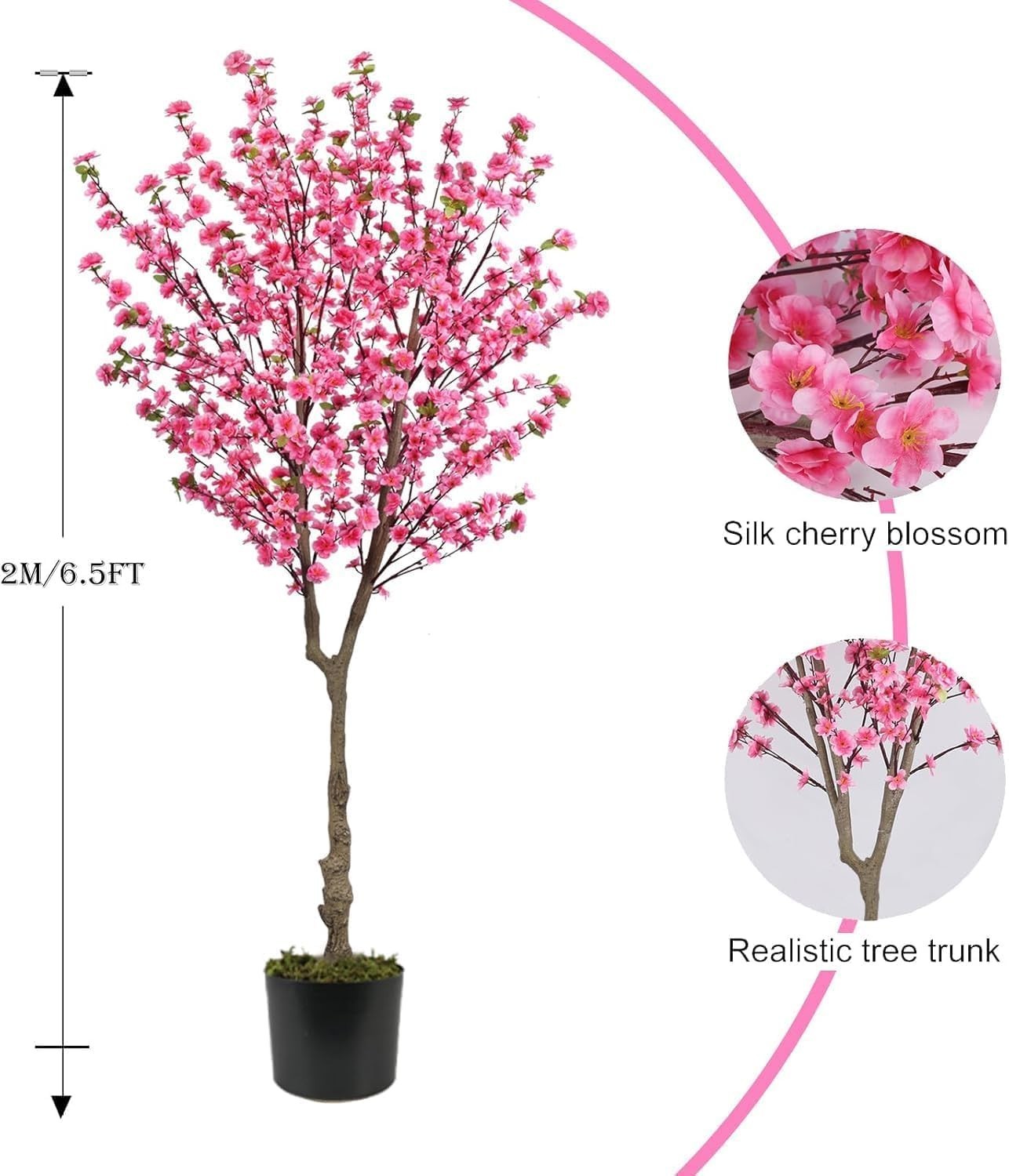 6.5ft Artificial Cherry Blossom Tree W/ 32 Branches Pink Silk Flowers Home