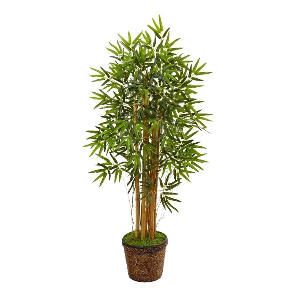Nearly Natural 4.5ft Bamboo Artificial Tree in Coiled Rope Planter in Green