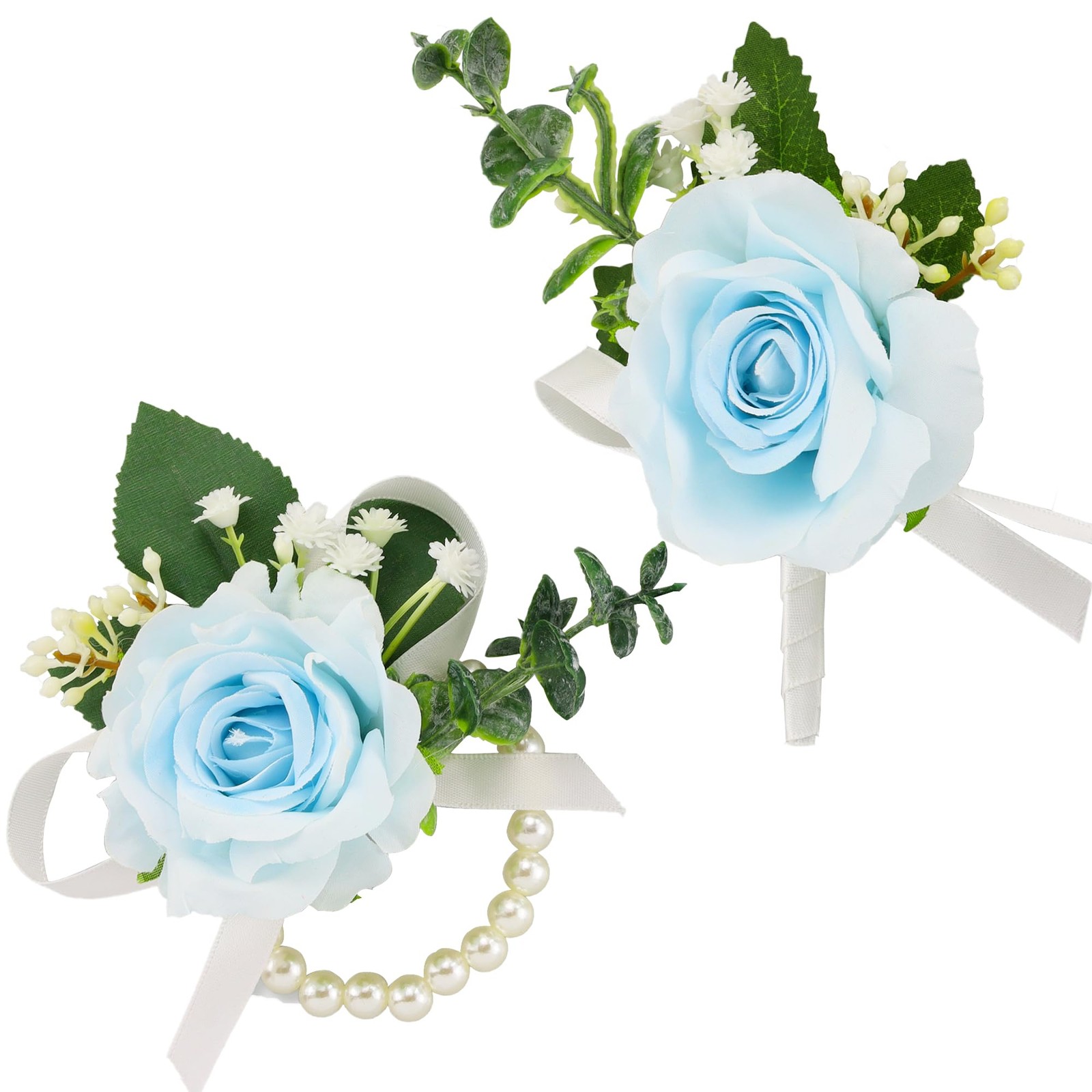 Light Blue Wrist Corsage Boutonniere Set Prom Wedding Men Flowers Party 2 PCS