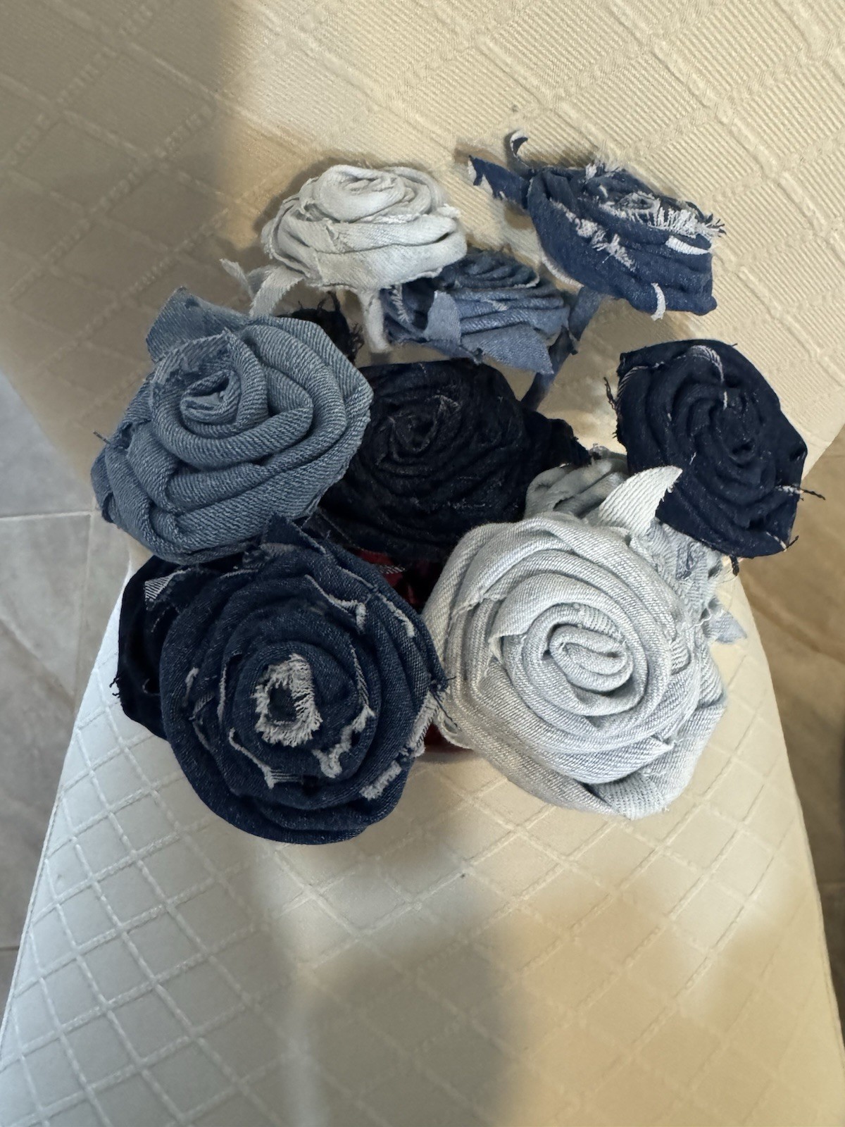 12 (a Dozen) Handmade Denim Roses, Upcycled Vase, Birthday, Mother’s Day, Easter