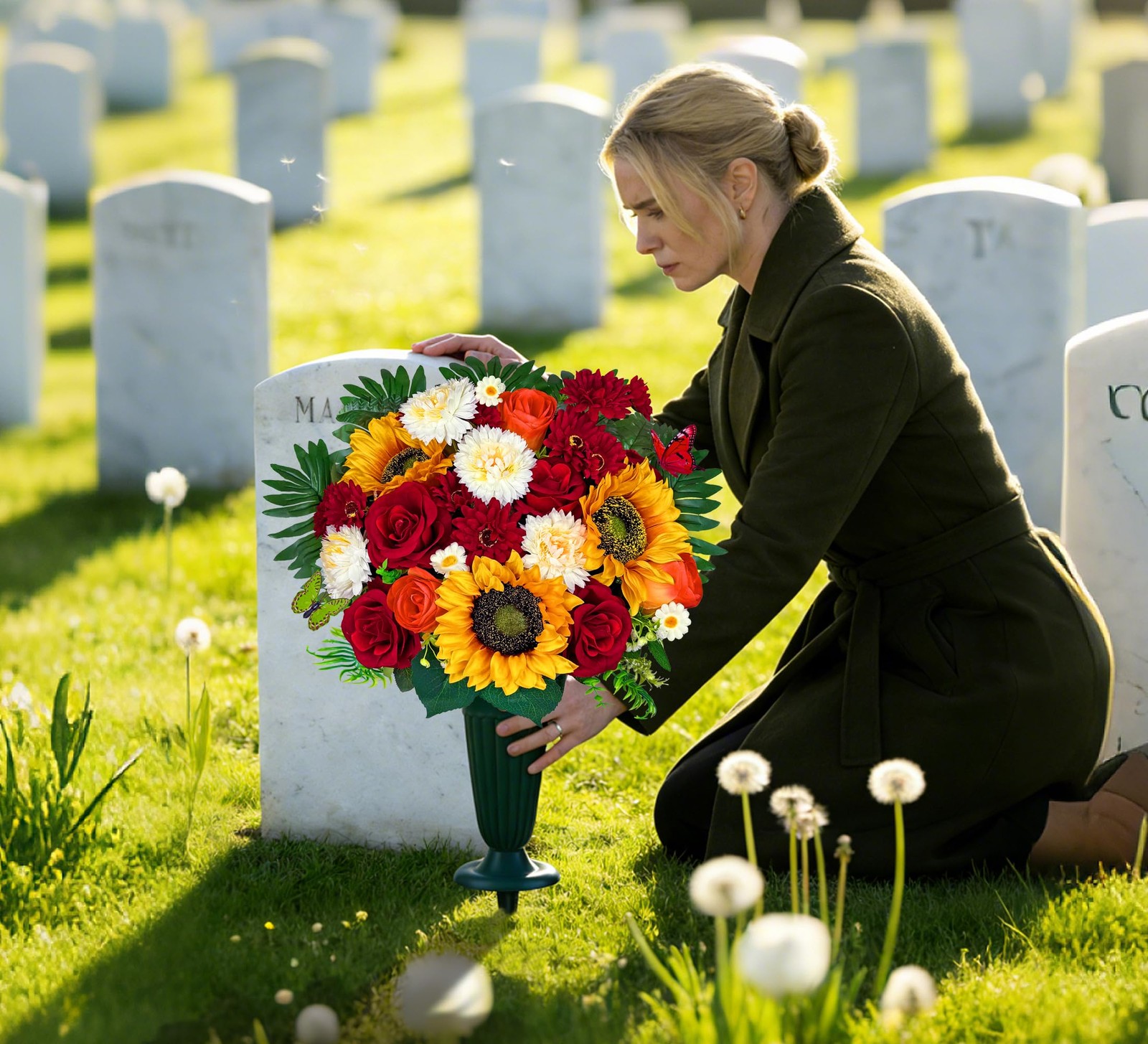 Artificial Cemetery Flowers Memorial Arrangements Silk Sunflower Rose Berries