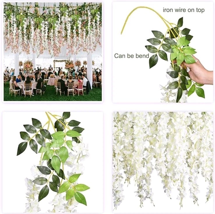 12 Pcs 3.61 Ft Artificial Wisteria Flowers Vine Ratta Hanging Garland Silk.