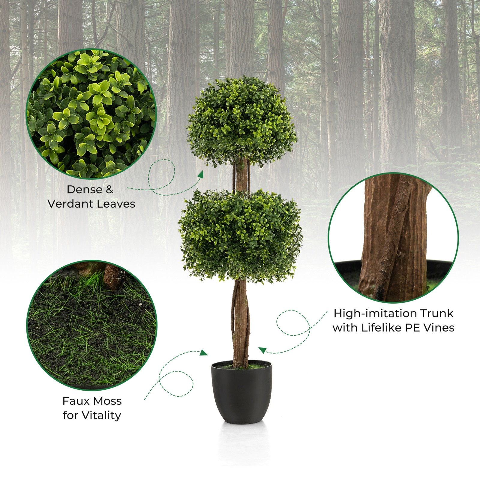 2-Pack 40″ Artificial Boxwood Topiary Ball Tree Faux Plant for Decoration