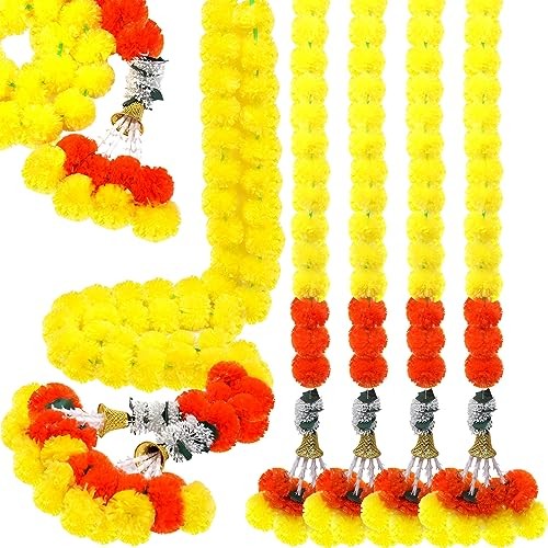 5 Pcs Diwali Marigold Garland for Decoration 5 Feet Long Artificial Yellow