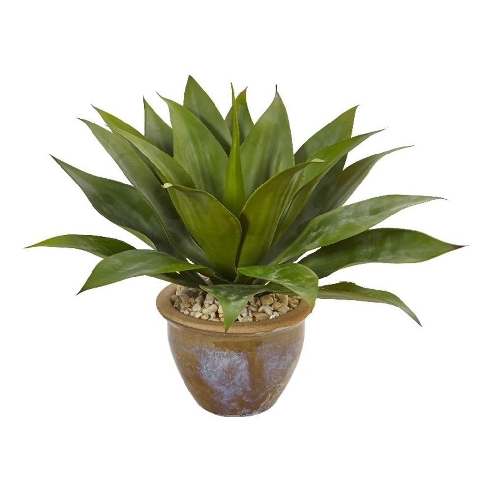 Nearly Natural Agave Artificial Plant in Glazed Clay Pot in Green